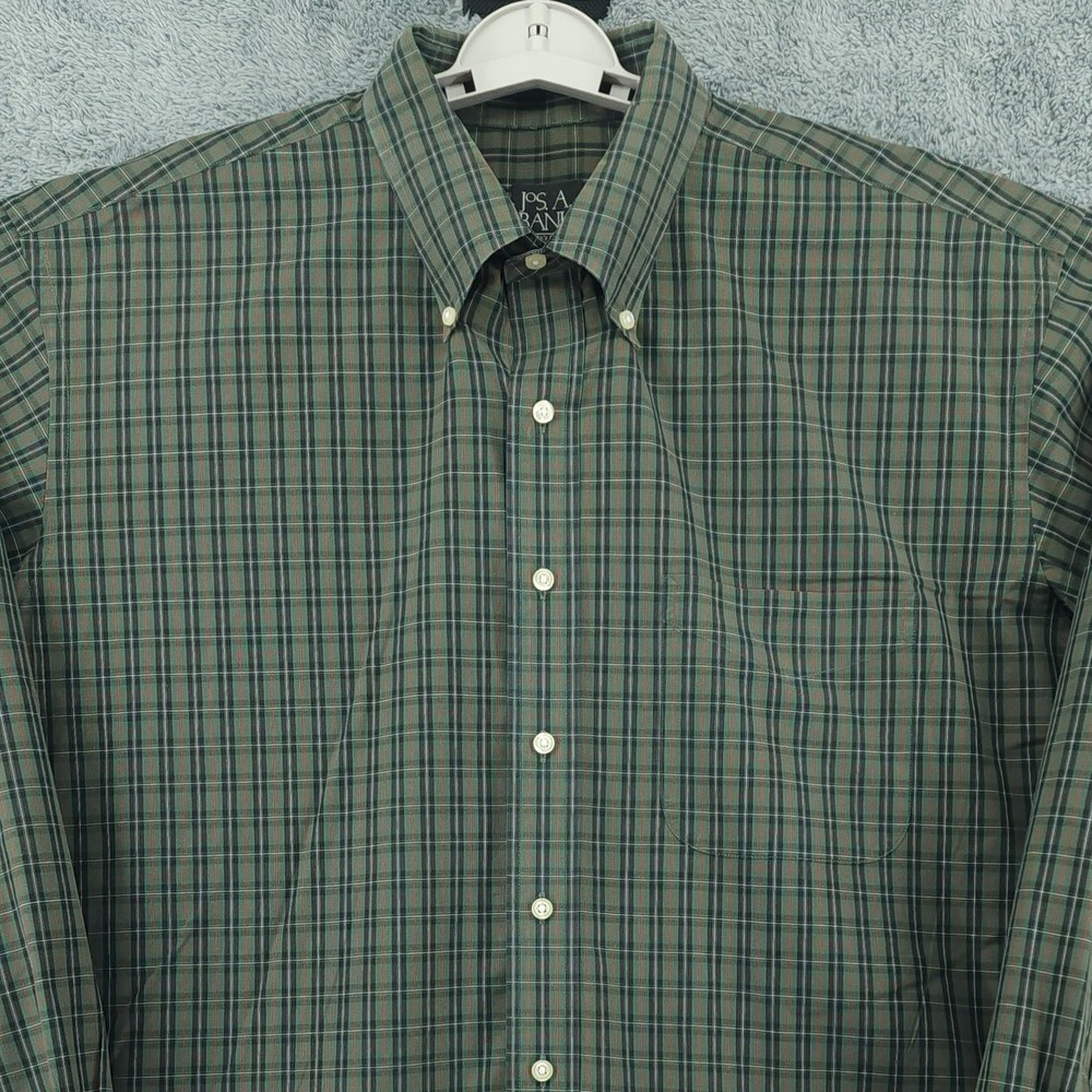 Jos A Bank Shirt Mens XXL Green Plaid Travelers Collection Long Sleeve Classic